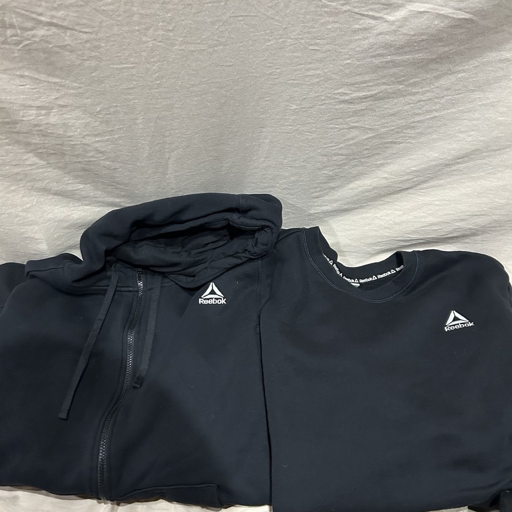 Lot of 2 Reebok Mens Large Black Fleece Full Zip Hoodie Crewneck Sweatshirt Set